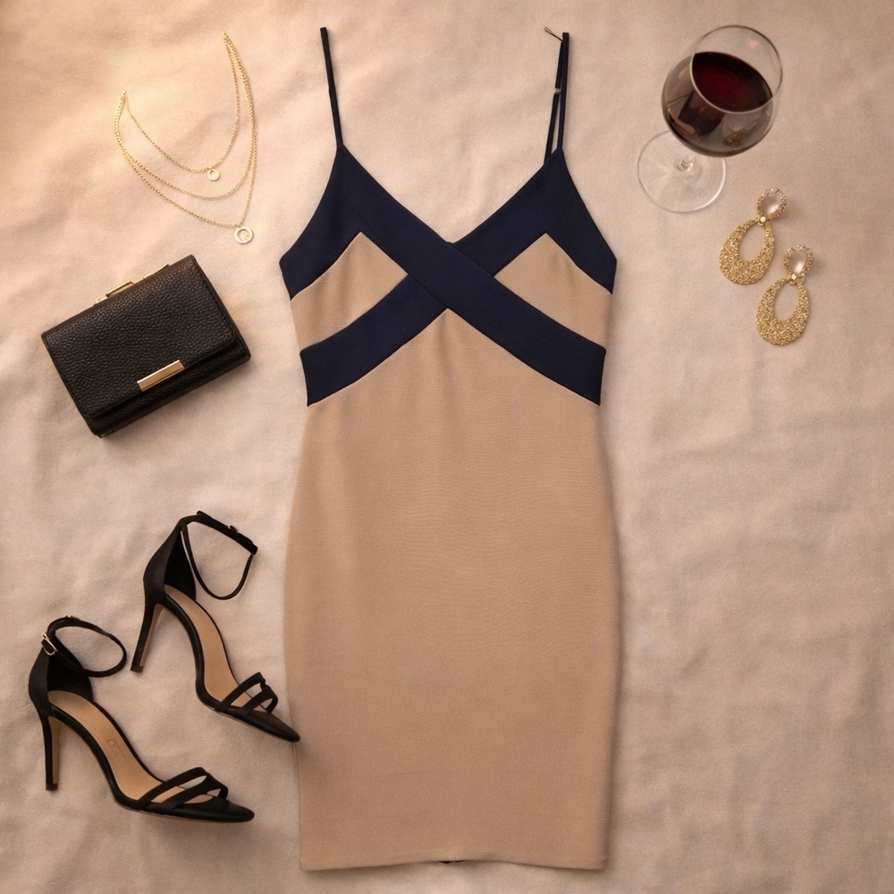 5/30 Olive Tree Navy Taupe Colorblock Bodycon Dress SM Criss Cross V Neck
